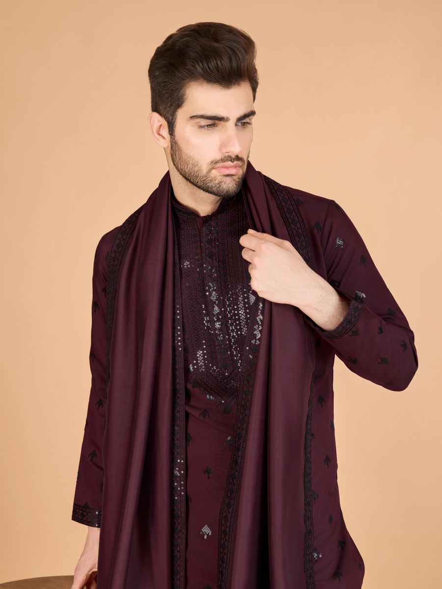 MAROON VISCOSE SILK THREAD, SEQUENCE EMBROIDERED WORK KURTA SET - qivii