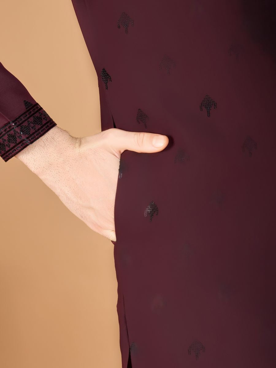 MAROON VISCOSE SILK THREAD, SEQUENCE EMBROIDERED WORK KURTA SET - qivii