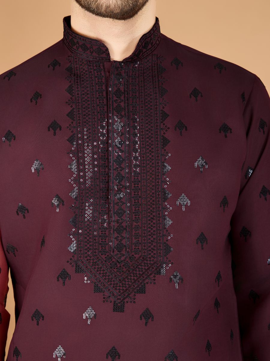 MAROON VISCOSE SILK THREAD, SEQUENCE EMBROIDERED WORK KURTA SET - qivii