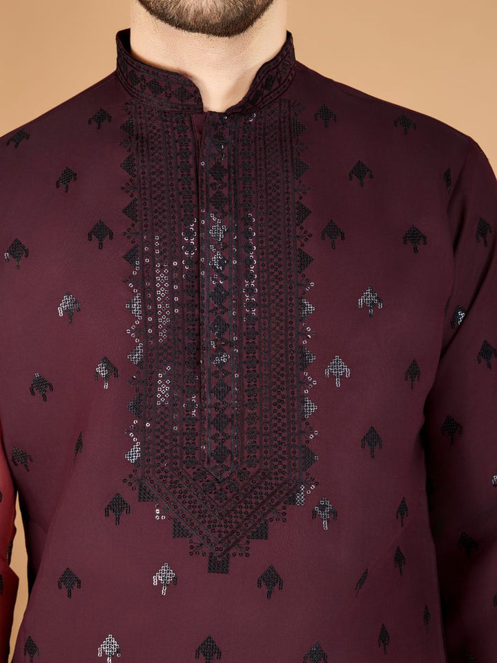 MAROON VISCOSE SILK THREAD, SEQUENCE EMBROIDERED WORK KURTA SET - qivii