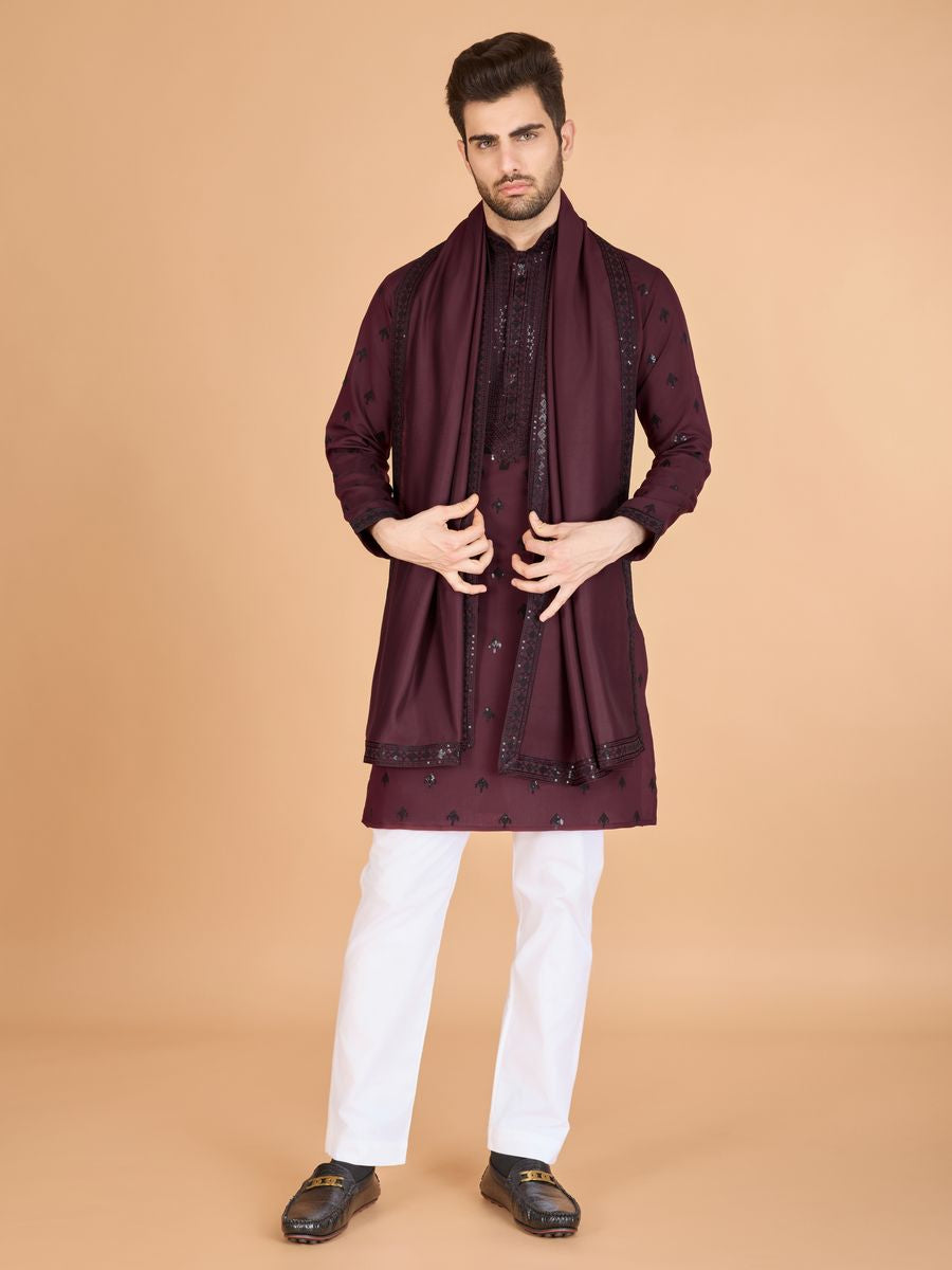 MAROON VISCOSE SILK THREAD, SEQUENCE EMBROIDERED WORK KURTA SET - qivii