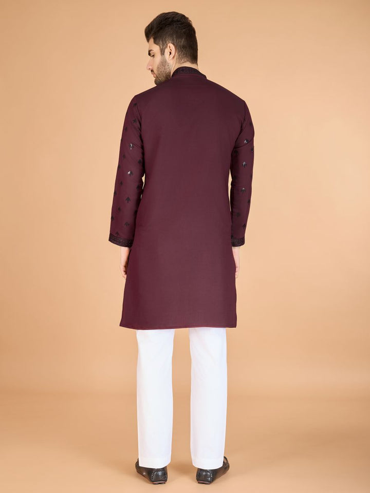 MAROON VISCOSE SILK THREAD, SEQUENCE EMBROIDERED WORK KURTA SET - qivii