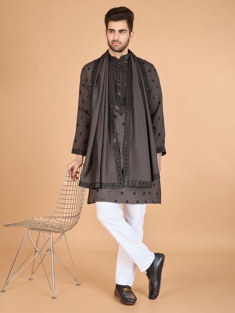 BROWN VISCOSE SILK THREAD, SEQUENCE EMBROIDERED WORK KURTA SET - qivii