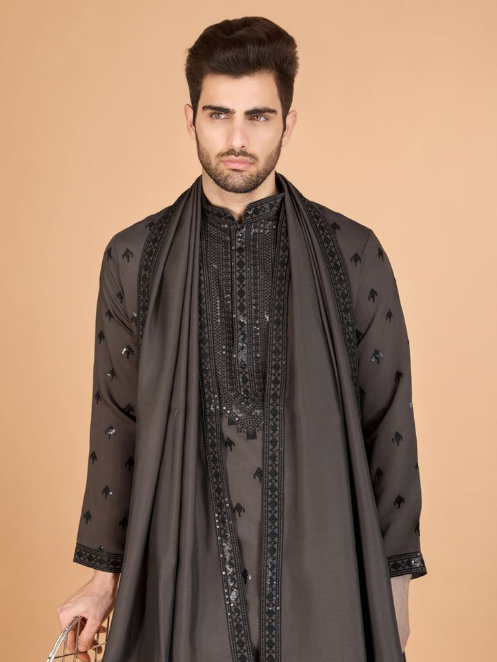 BROWN VISCOSE SILK THREAD, SEQUENCE EMBROIDERED WORK KURTA SET - qivii