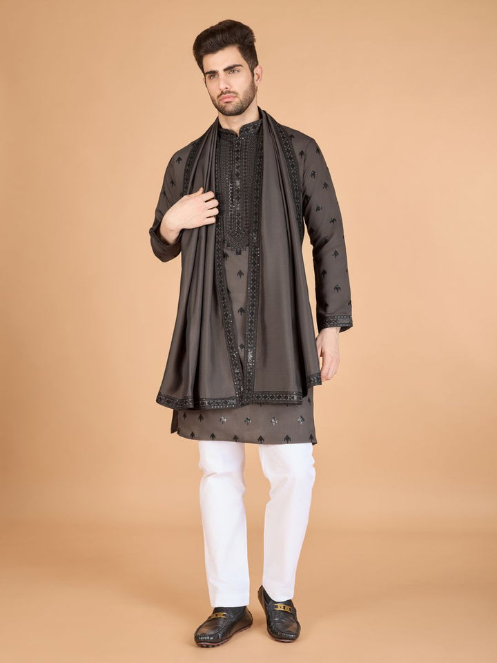 BROWN VISCOSE SILK THREAD, SEQUENCE EMBROIDERED WORK KURTA SET - qivii