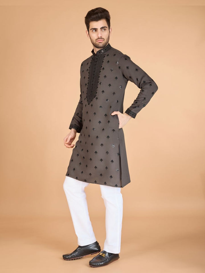 BROWN VISCOSE SILK THREAD, SEQUENCE EMBROIDERED WORK KURTA SET - qivii