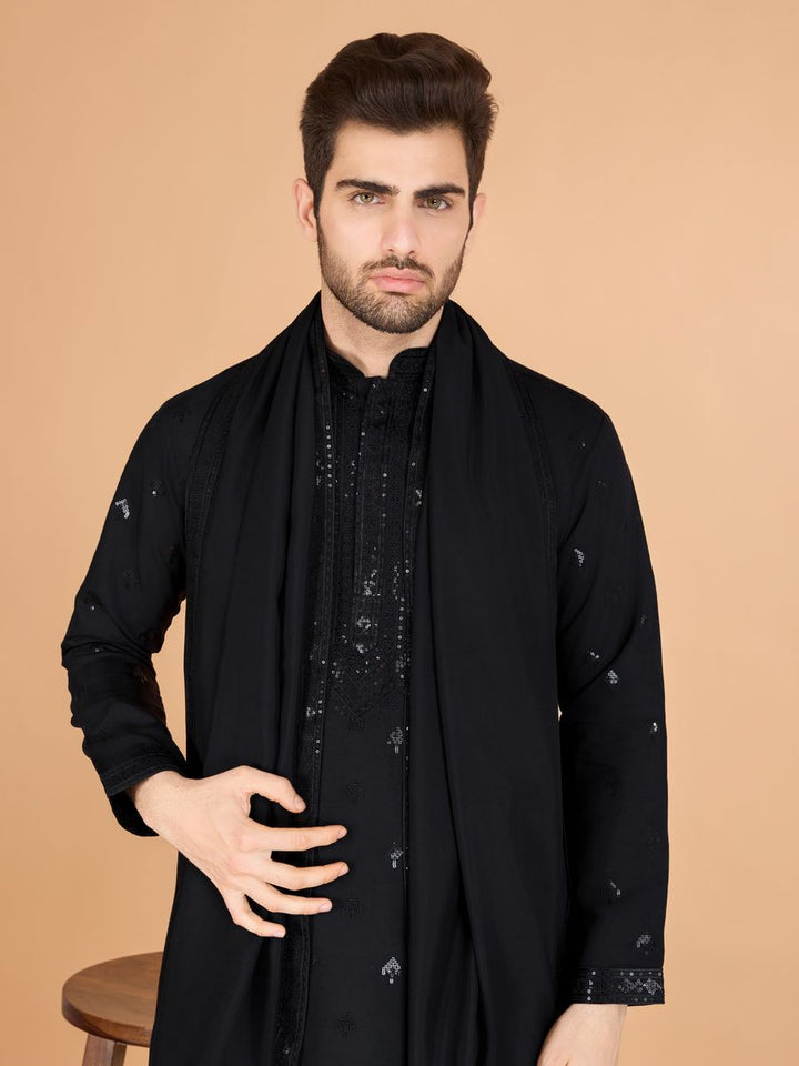 BLACK VISCOSE SILK THREAD, SEQUENCE EMBROIDERED WORK KURTA SET - qivii