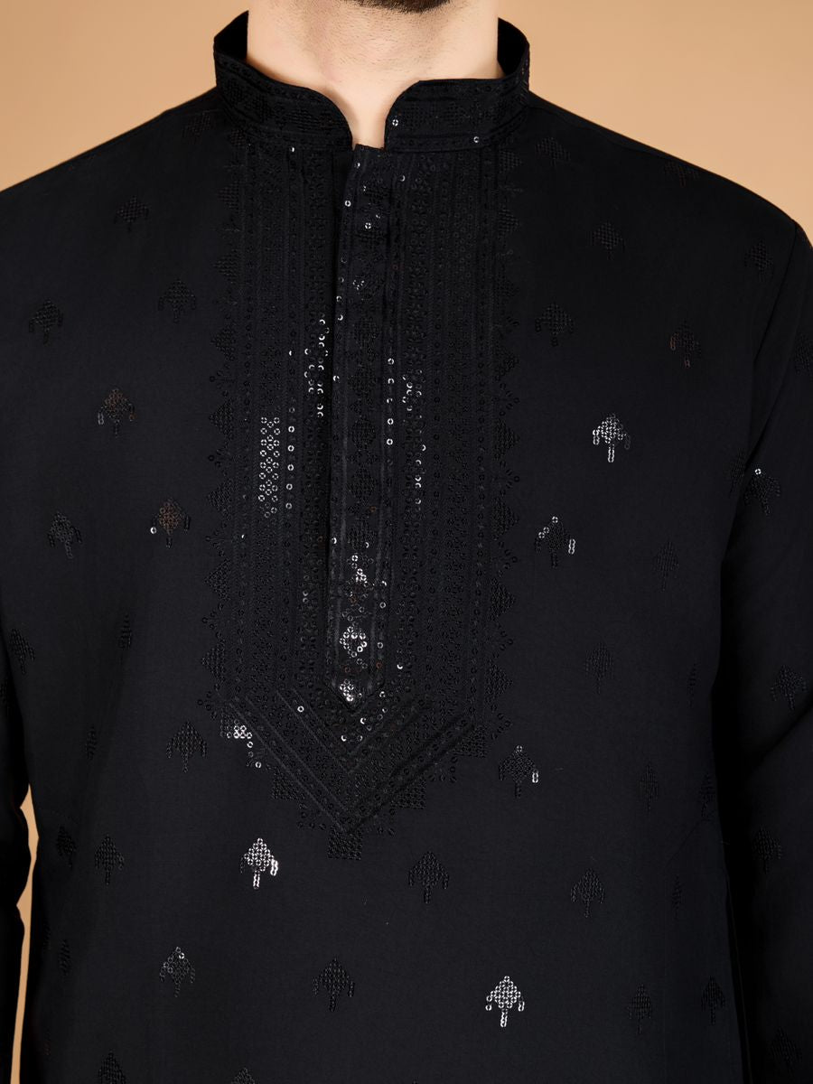 BLACK VISCOSE SILK THREAD, SEQUENCE EMBROIDERED WORK KURTA SET - qivii