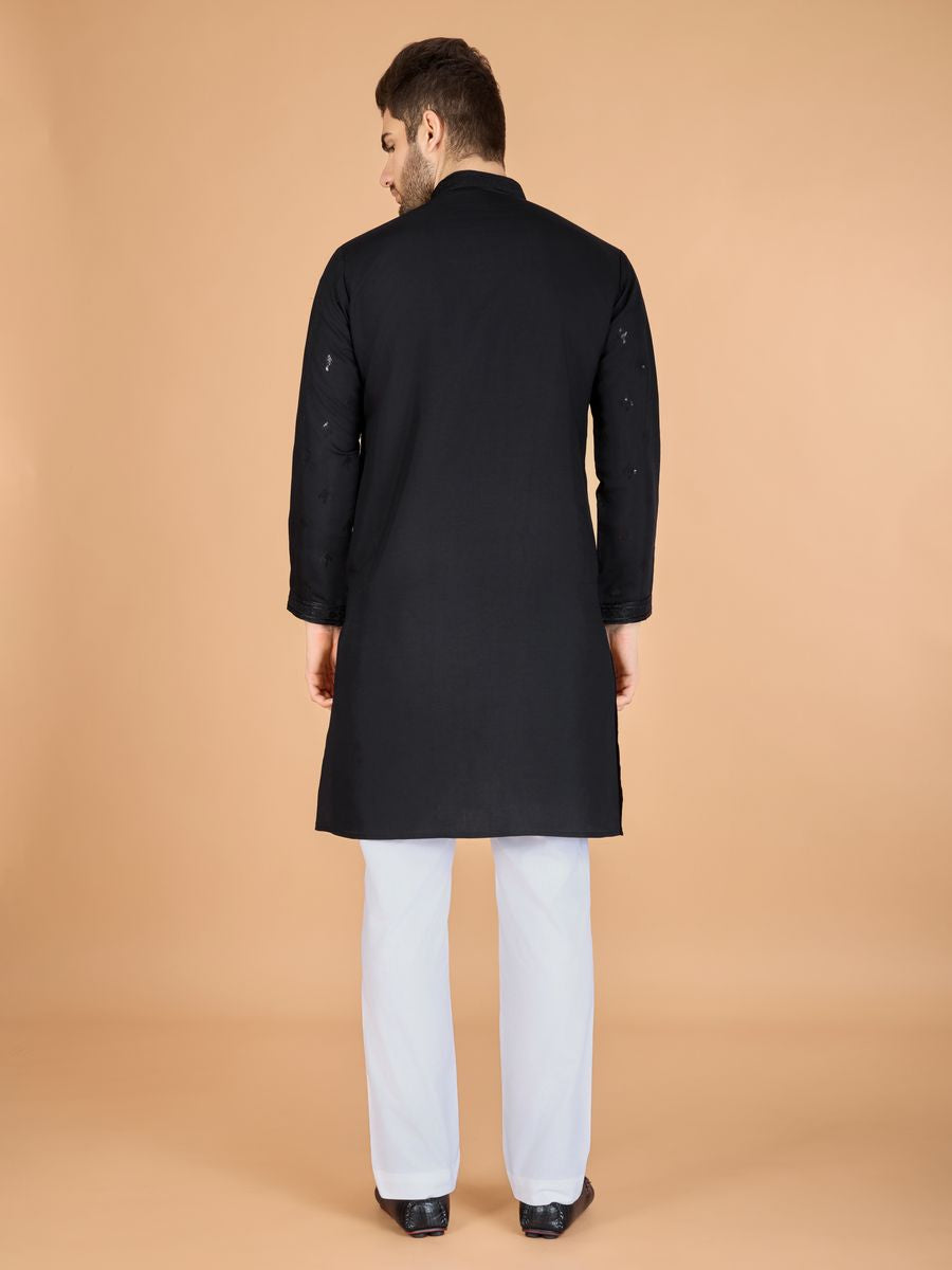 BLACK VISCOSE SILK THREAD, SEQUENCE EMBROIDERED WORK KURTA SET - qivii