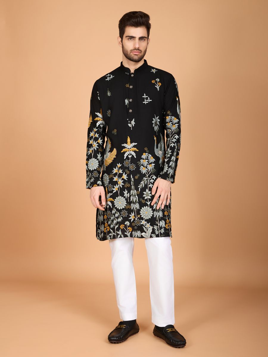 BLACK VISCOSE RAYON THREAD & SEQUENCE EMBROIDERED WORK KURTA - qivii