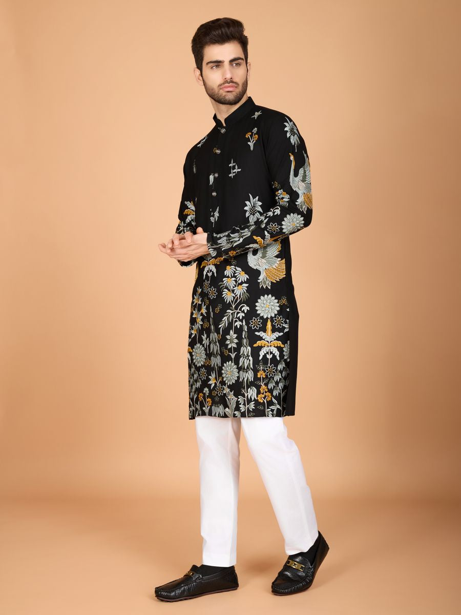BLACK VISCOSE RAYON THREAD & SEQUENCE EMBROIDERED WORK KURTA - qivii