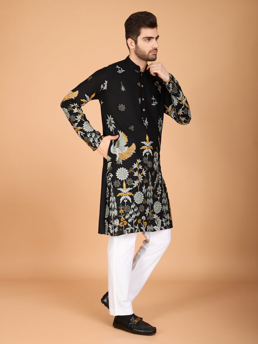 BLACK VISCOSE RAYON THREAD & SEQUENCE EMBROIDERED WORK KURTA - qivii