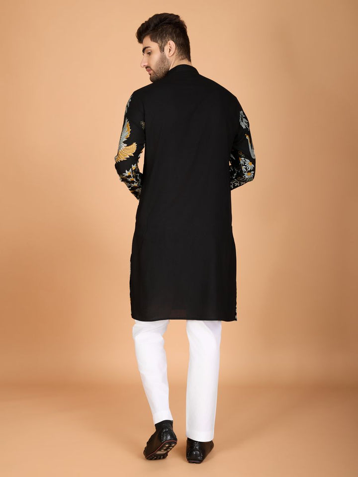 BLACK VISCOSE RAYON THREAD & SEQUENCE EMBROIDERED WORK KURTA - qivii