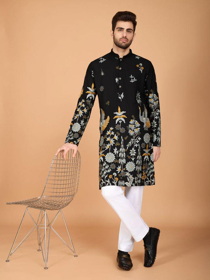 BLACK VISCOSE RAYON THREAD & SEQUENCE EMBROIDERED WORK KURTA - qivii