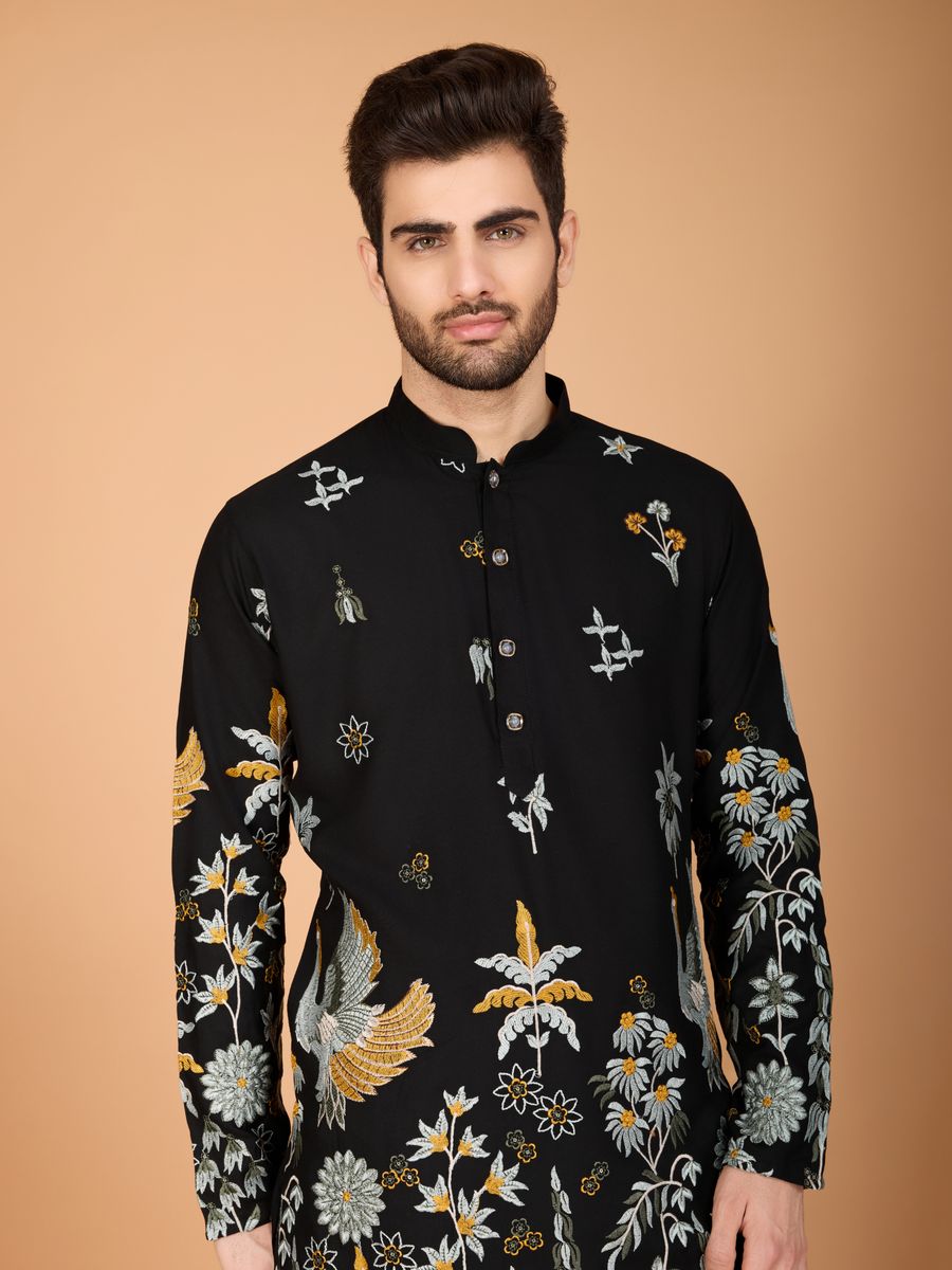 BLACK VISCOSE RAYON THREAD & SEQUENCE EMBROIDERED WORK KURTA - qivii