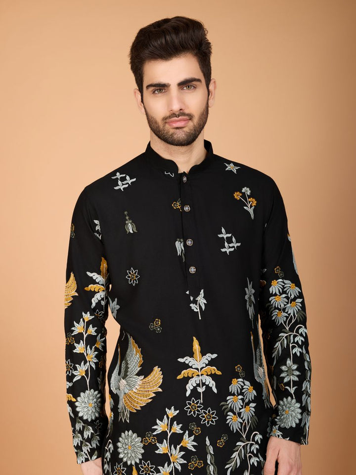 BLACK VISCOSE RAYON THREAD & SEQUENCE EMBROIDERED WORK KURTA - qivii