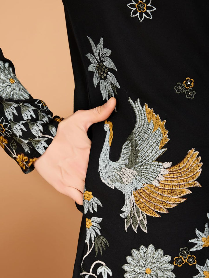 BLACK VISCOSE RAYON THREAD & SEQUENCE EMBROIDERED WORK KURTA - qivii