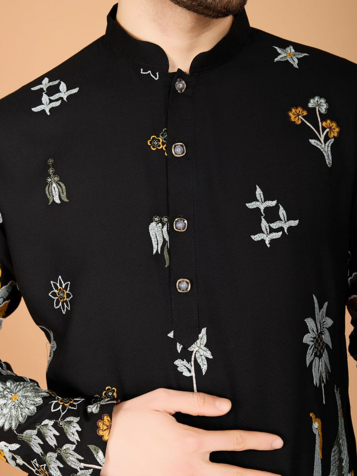 BLACK VISCOSE RAYON THREAD & SEQUENCE EMBROIDERED WORK KURTA - qivii