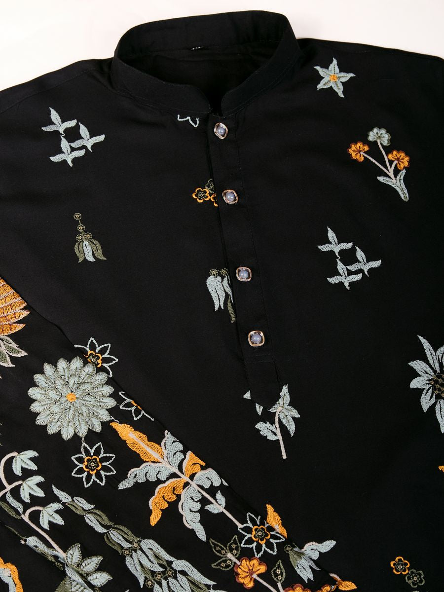 BLACK VISCOSE RAYON THREAD & SEQUENCE EMBROIDERED WORK KURTA - qivii