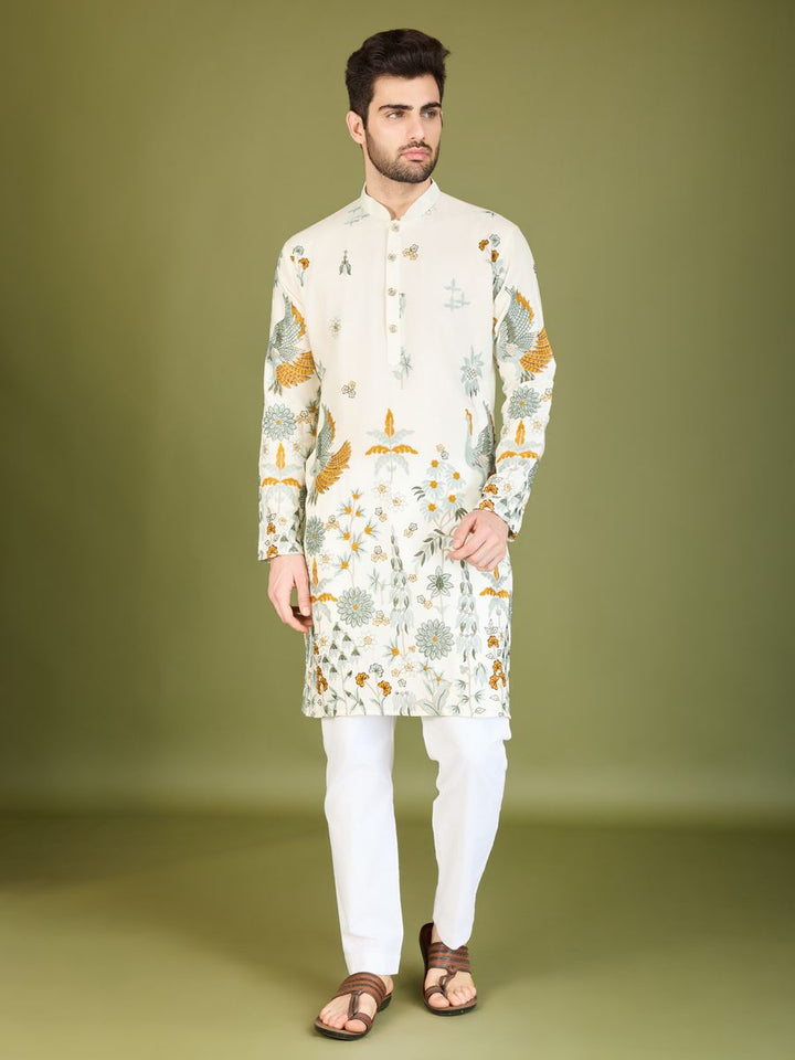 WHITE VISCOSE RAYON THREAD & SEQUENCE EMBROIDERED WORK KURTA - qivii