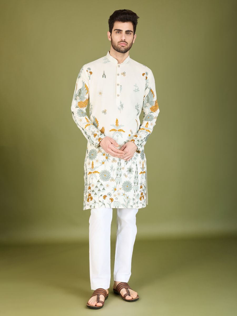 WHITE VISCOSE RAYON THREAD & SEQUENCE EMBROIDERED WORK KURTA - qivii