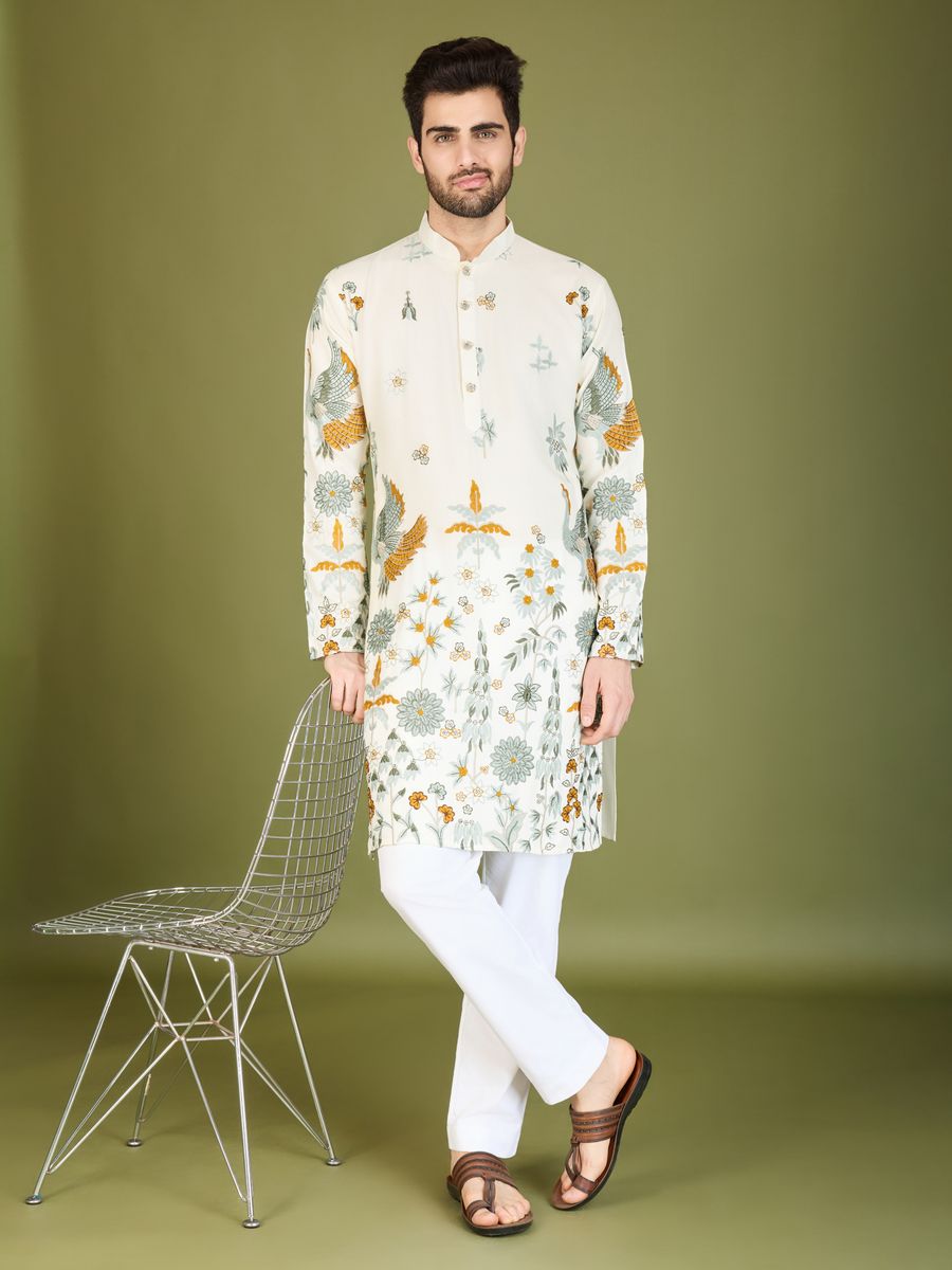 WHITE VISCOSE RAYON THREAD & SEQUENCE EMBROIDERED WORK KURTA - qivii