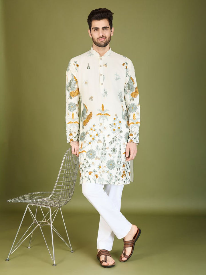 WHITE VISCOSE RAYON THREAD & SEQUENCE EMBROIDERED WORK KURTA - qivii