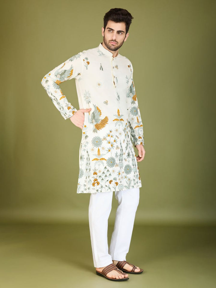 WHITE VISCOSE RAYON THREAD & SEQUENCE EMBROIDERED WORK KURTA - qivii