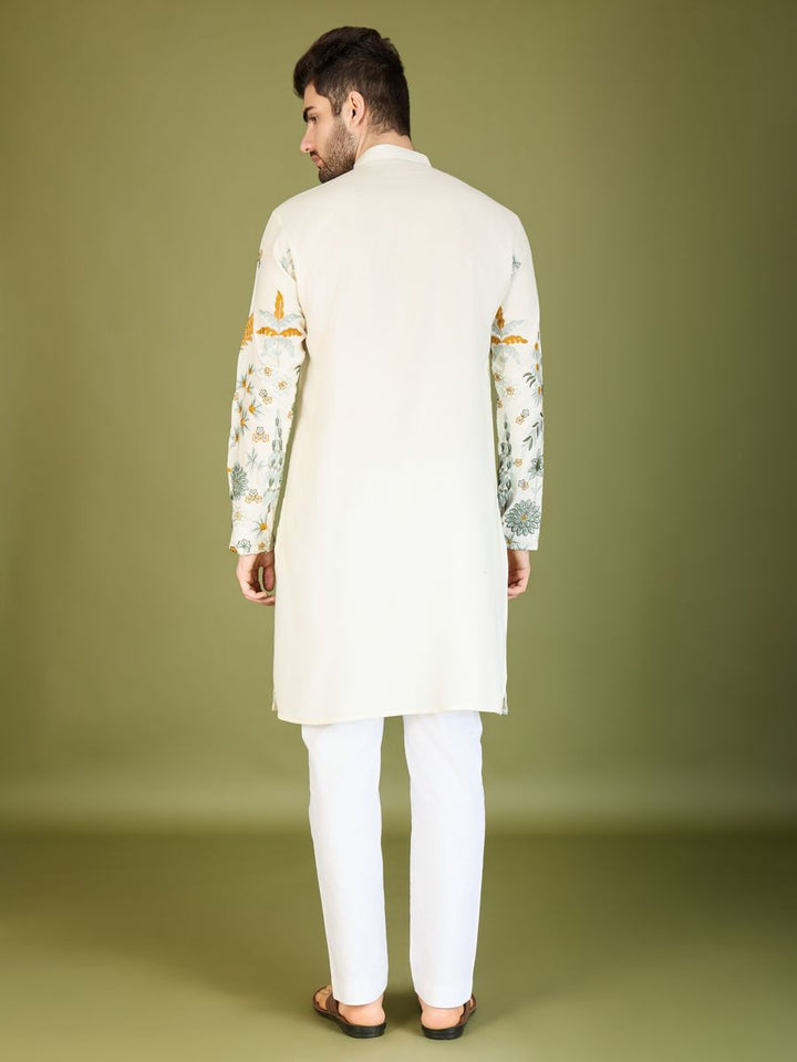 WHITE VISCOSE RAYON THREAD & SEQUENCE EMBROIDERED WORK KURTA - qivii