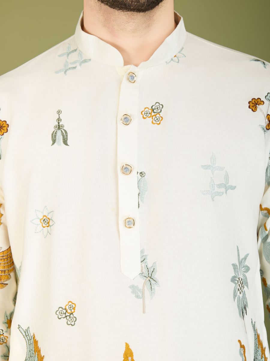 WHITE VISCOSE RAYON THREAD & SEQUENCE EMBROIDERED WORK KURTA - qivii