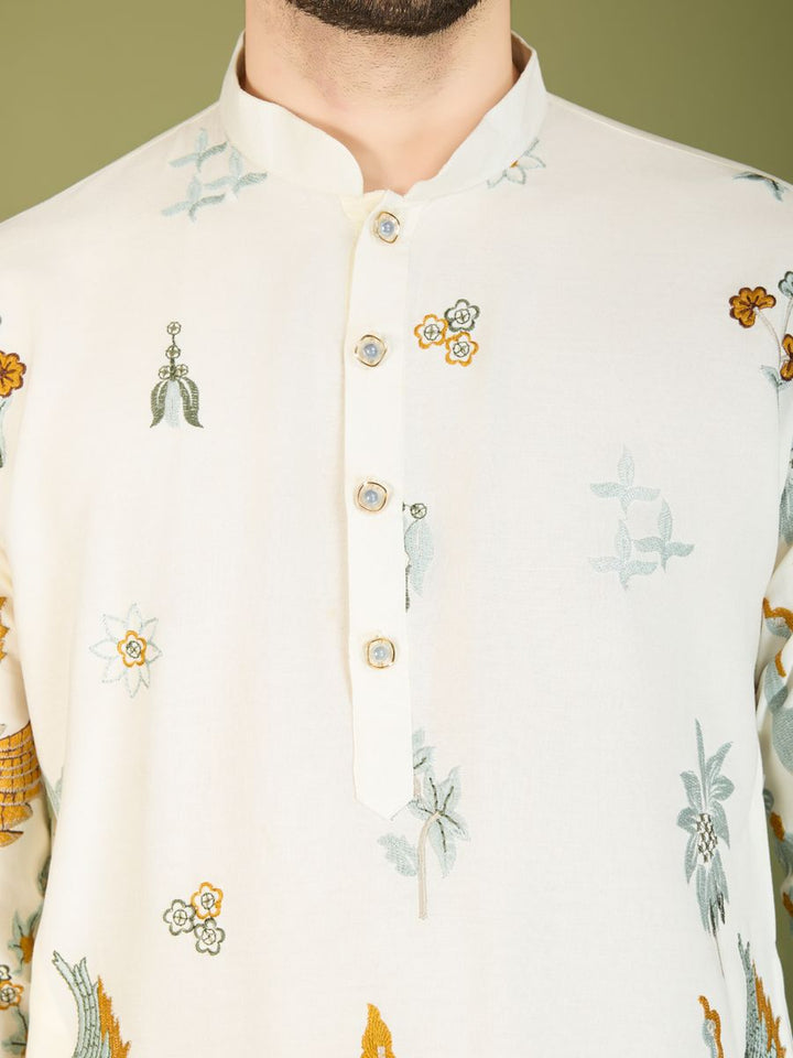 WHITE VISCOSE RAYON THREAD & SEQUENCE EMBROIDERED WORK KURTA - qivii