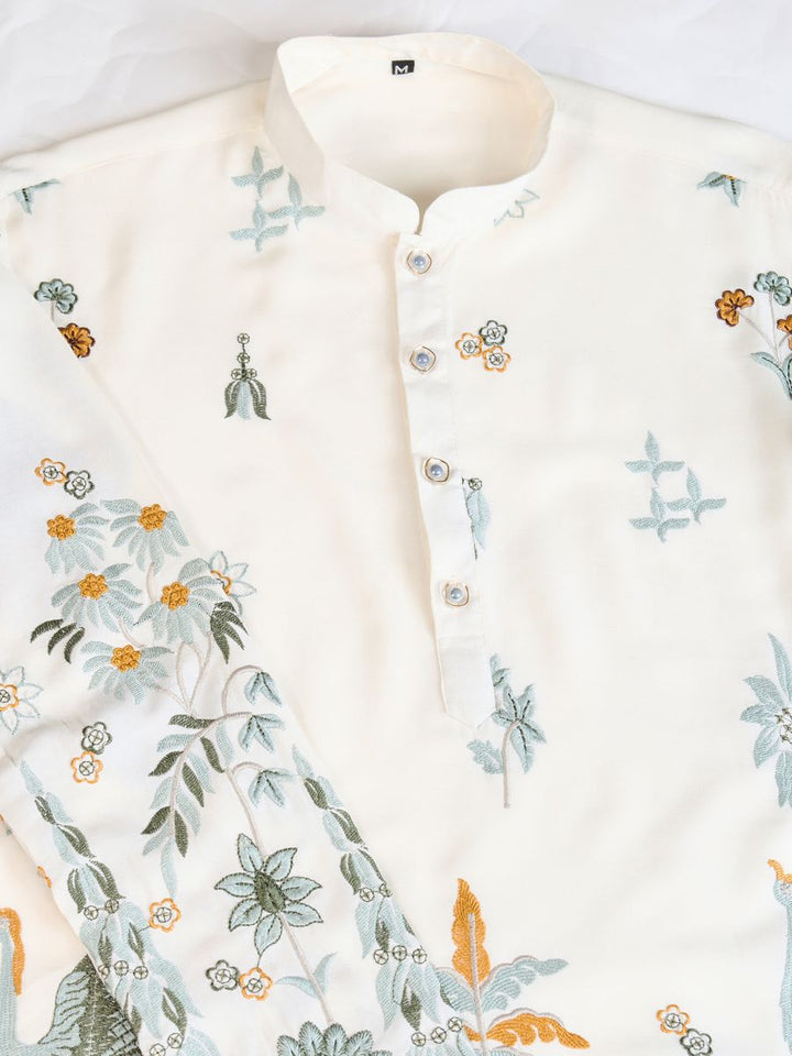WHITE VISCOSE RAYON THREAD & SEQUENCE EMBROIDERED WORK KURTA - qivii