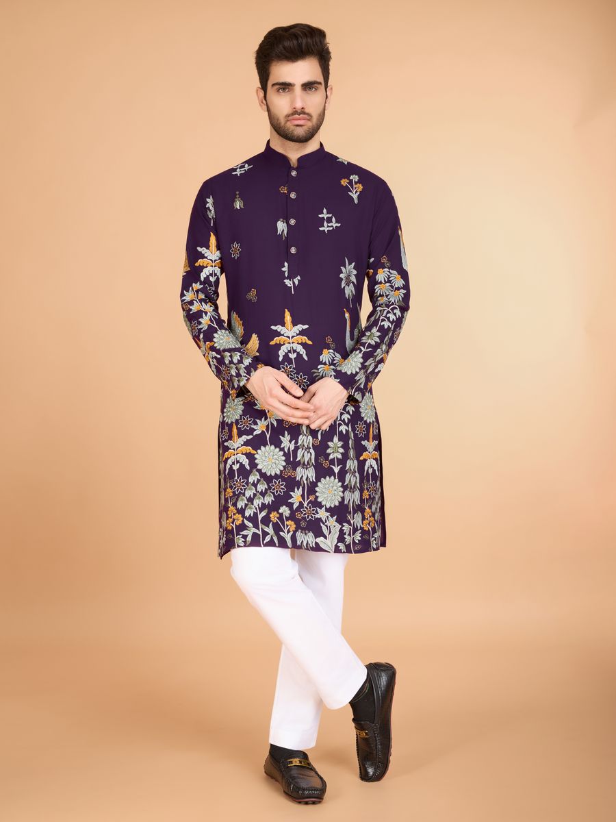 PURPLE VISCOSE RAYON THREAD & SEQUENCE EMBROIDERED WORK KURTA - qivii