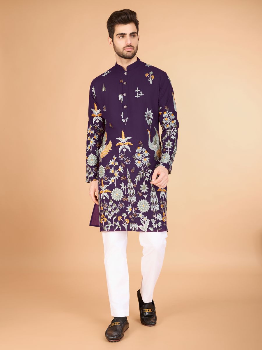 PURPLE VISCOSE RAYON THREAD & SEQUENCE EMBROIDERED WORK KURTA - qivii