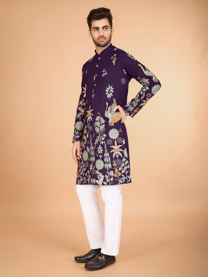 PURPLE VISCOSE RAYON THREAD & SEQUENCE EMBROIDERED WORK KURTA - qivii