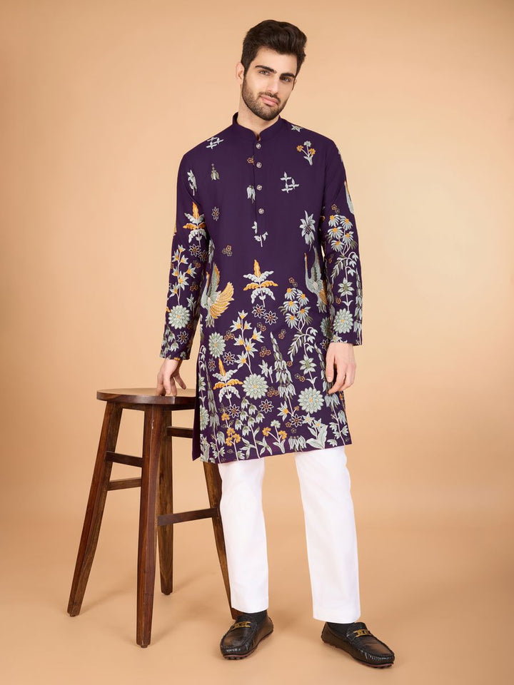 PURPLE VISCOSE RAYON THREAD & SEQUENCE EMBROIDERED WORK KURTA - qivii