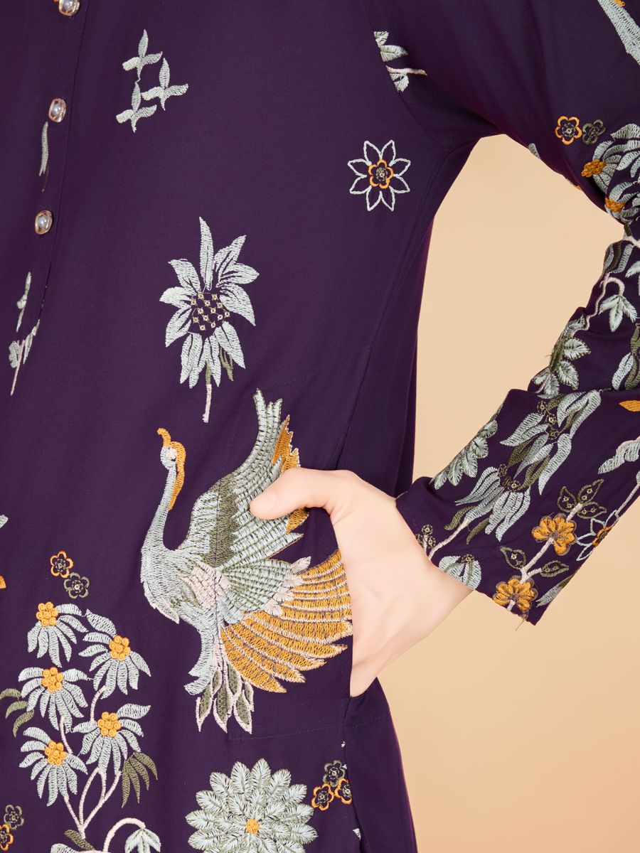 PURPLE VISCOSE RAYON THREAD & SEQUENCE EMBROIDERED WORK KURTA - qivii