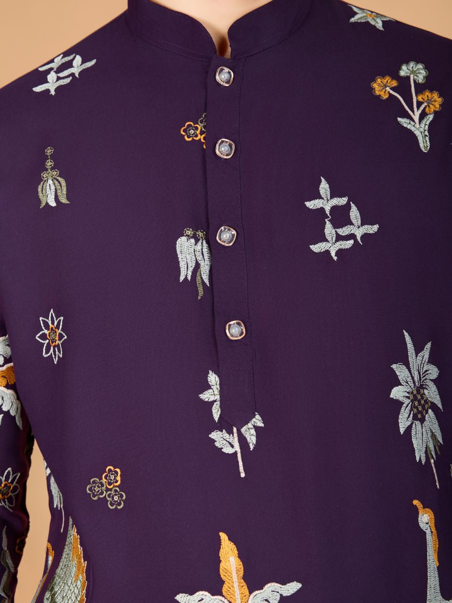PURPLE VISCOSE RAYON THREAD & SEQUENCE EMBROIDERED WORK KURTA - qivii