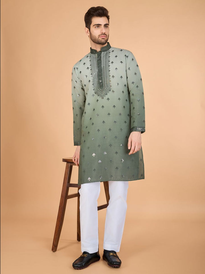 GREEN VISCOSE SILK THREAD & SEQUENCE EMBROIDERED WORK KURTA SET - qivii