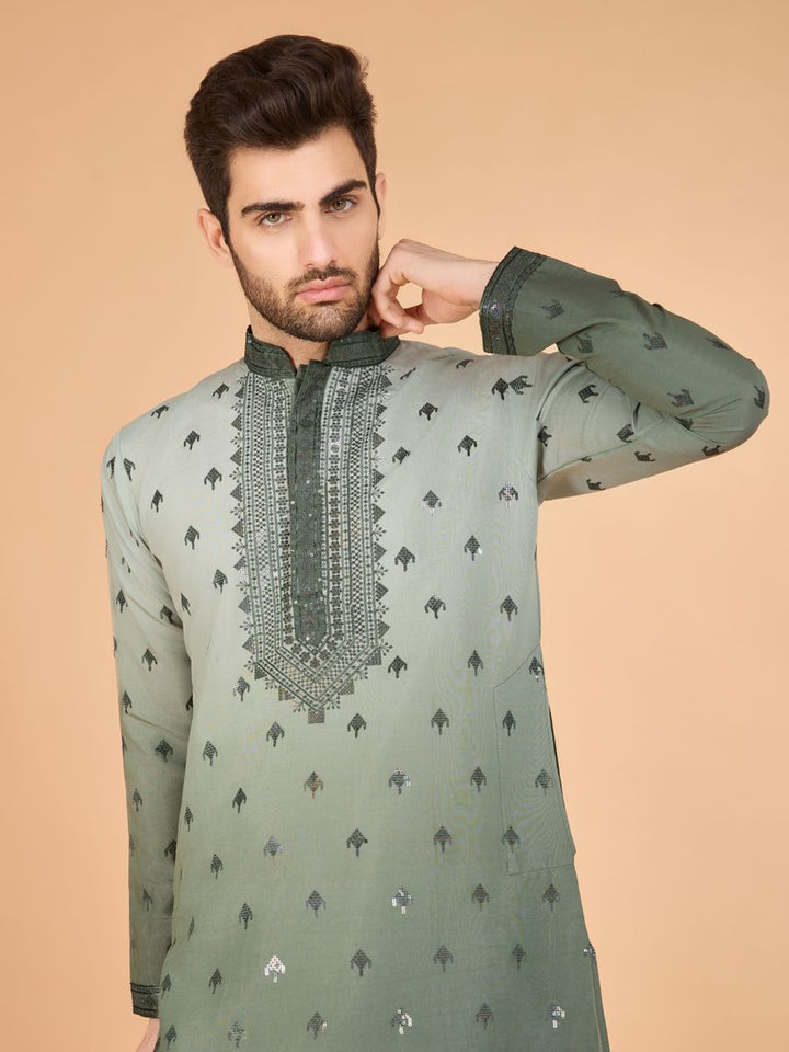GREEN VISCOSE SILK THREAD & SEQUENCE EMBROIDERED WORK KURTA SET - qivii