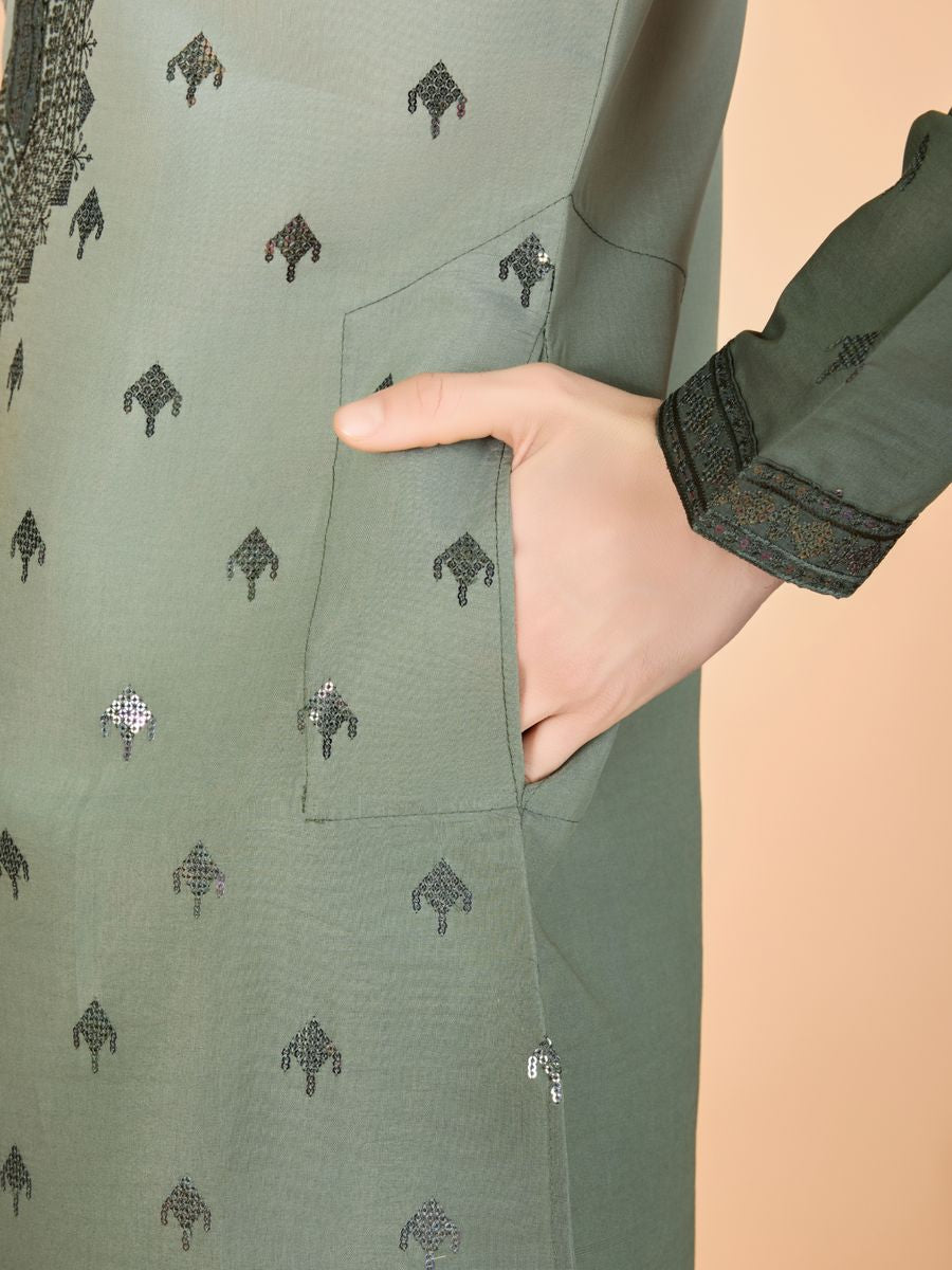 GREEN VISCOSE SILK THREAD & SEQUENCE EMBROIDERED WORK KURTA SET - qivii