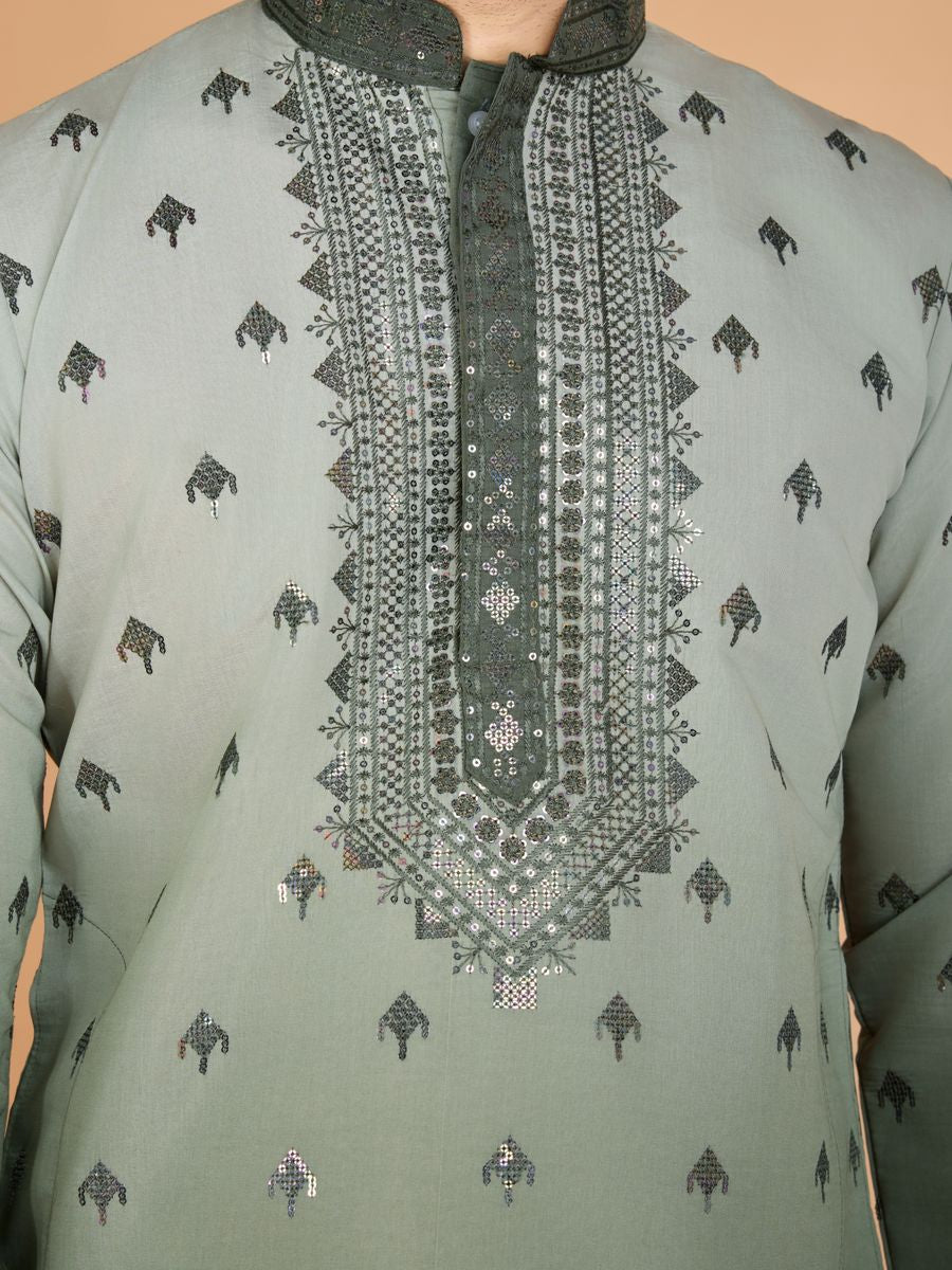 GREEN VISCOSE SILK THREAD & SEQUENCE EMBROIDERED WORK KURTA SET - qivii