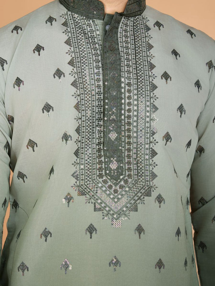 GREEN VISCOSE SILK THREAD & SEQUENCE EMBROIDERED WORK KURTA SET - qivii