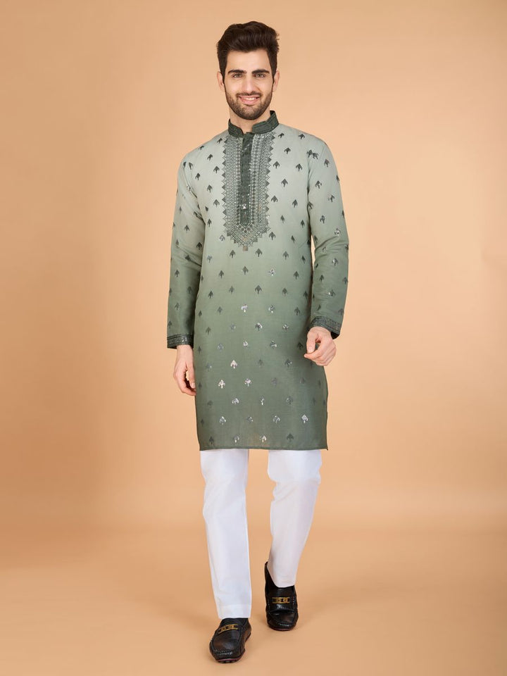 GREEN VISCOSE SILK THREAD & SEQUENCE EMBROIDERED WORK KURTA SET - qivii