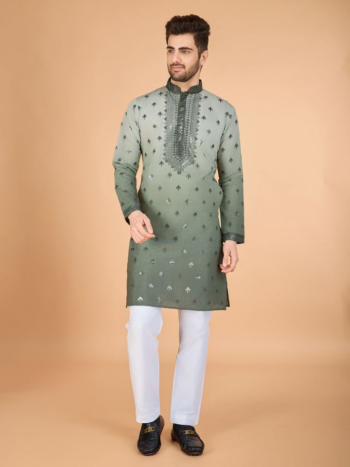 GREEN VISCOSE SILK THREAD & SEQUENCE EMBROIDERED WORK KURTA SET - qivii