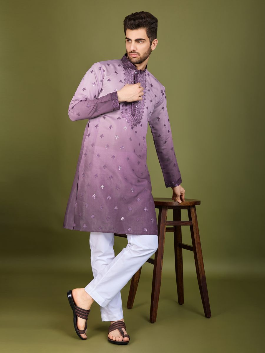 PURPLE VISCOSE SILK THREAD & SEQUENCE EMBROIDERED WORK KURTA SET - qivii
