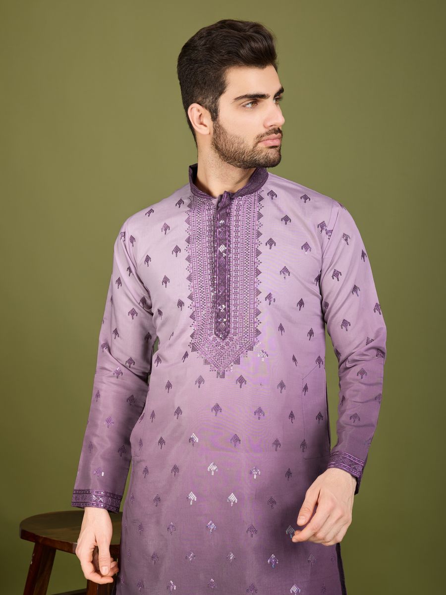 PURPLE VISCOSE SILK THREAD & SEQUENCE EMBROIDERED WORK KURTA SET - qivii