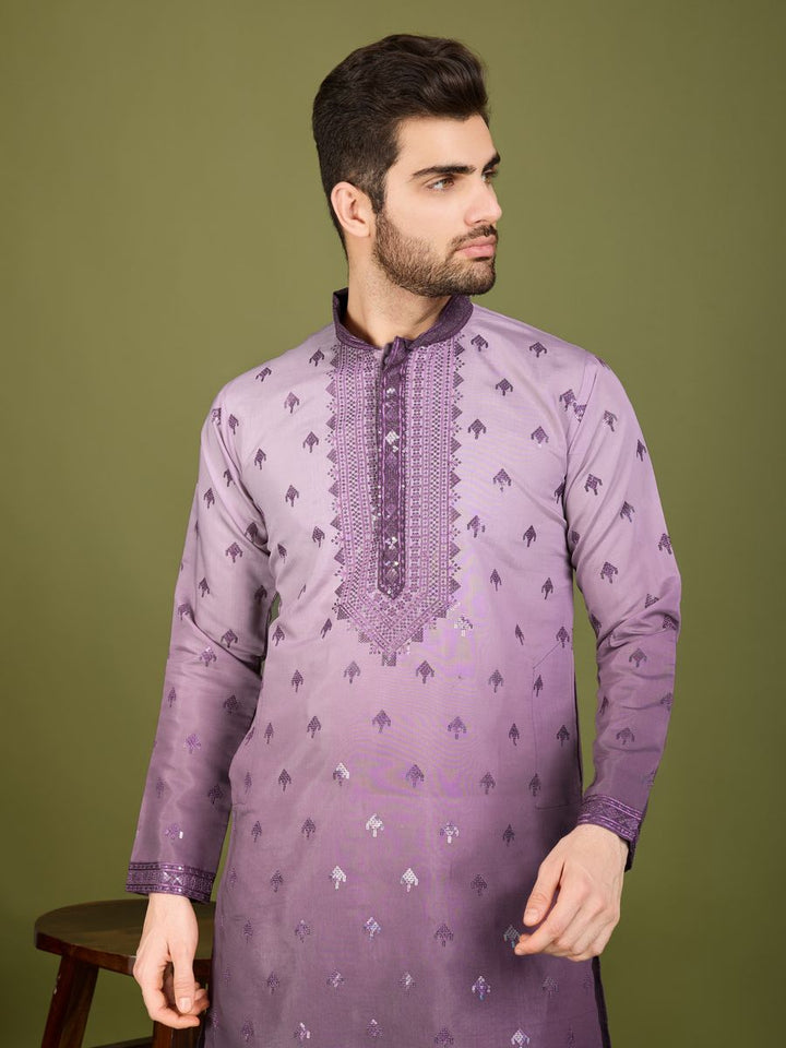 PURPLE VISCOSE SILK THREAD & SEQUENCE EMBROIDERED WORK KURTA SET - qivii