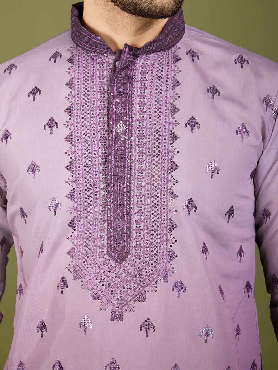 PURPLE VISCOSE SILK THREAD & SEQUENCE EMBROIDERED WORK KURTA SET - qivii