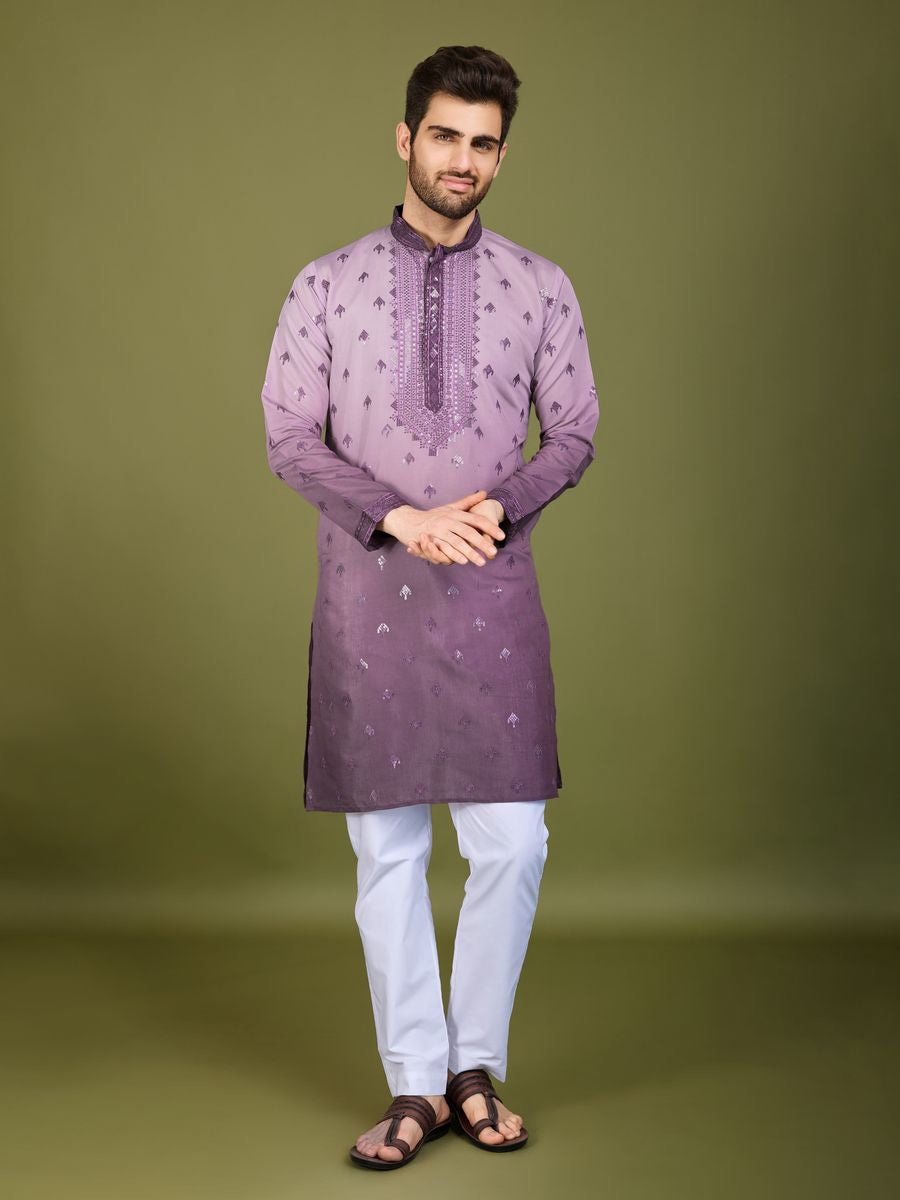 PURPLE VISCOSE SILK THREAD & SEQUENCE EMBROIDERED WORK KURTA SET - qivii